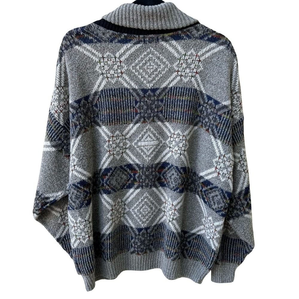 Fischer Vintage 90s Geometric Shawl Neck Oversized Knit Grandpa Sweater Mens - Picture 5 of 10